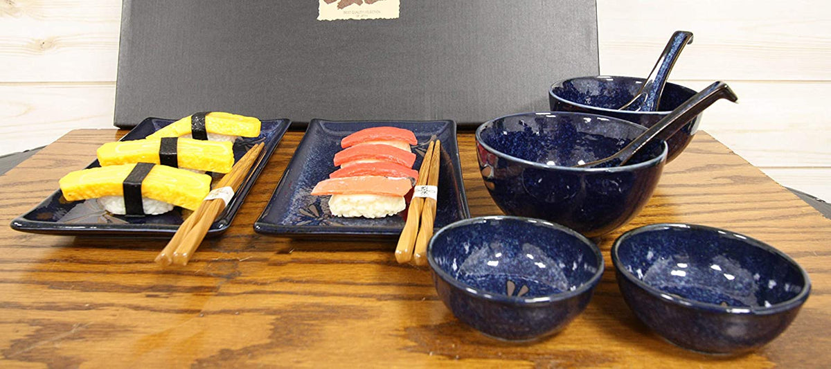 Japanese Pair Of Dragonfly Blue Motif Ceramic Sushi Dinnerware 10pc Set For Two - Ebros Gift