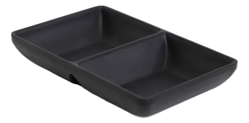 Ebros Pack of 6 Contemporary Matte Black Jade Melamine Condiments Dipping Bowl or Dish With Divider 2 Partition Compartments