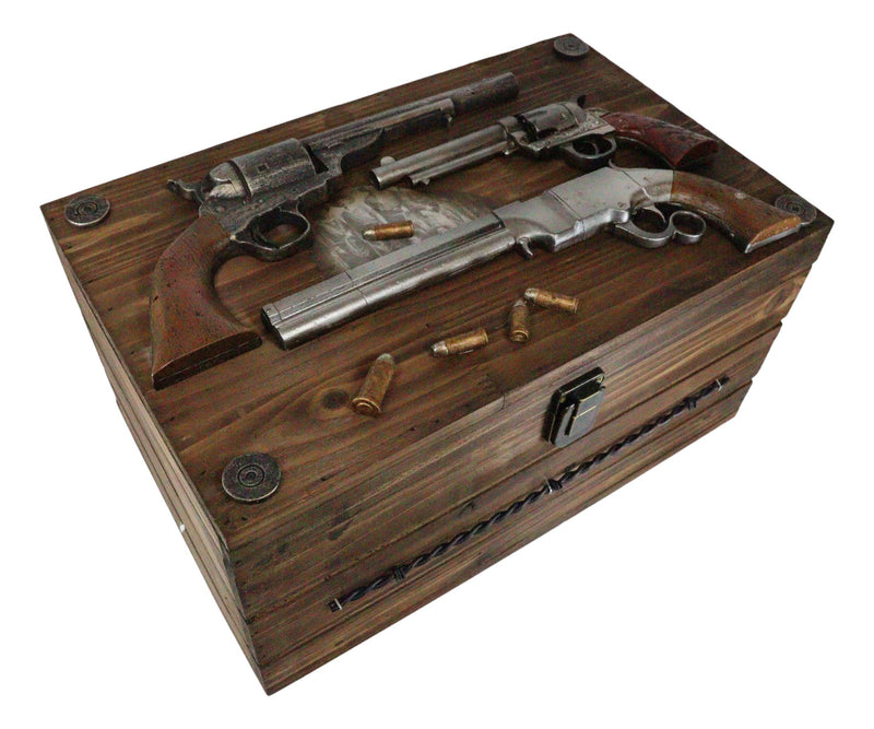 Large Western Six Shooter Pistol Guns Ammo Bullets Decorative Wooden Box 15"L