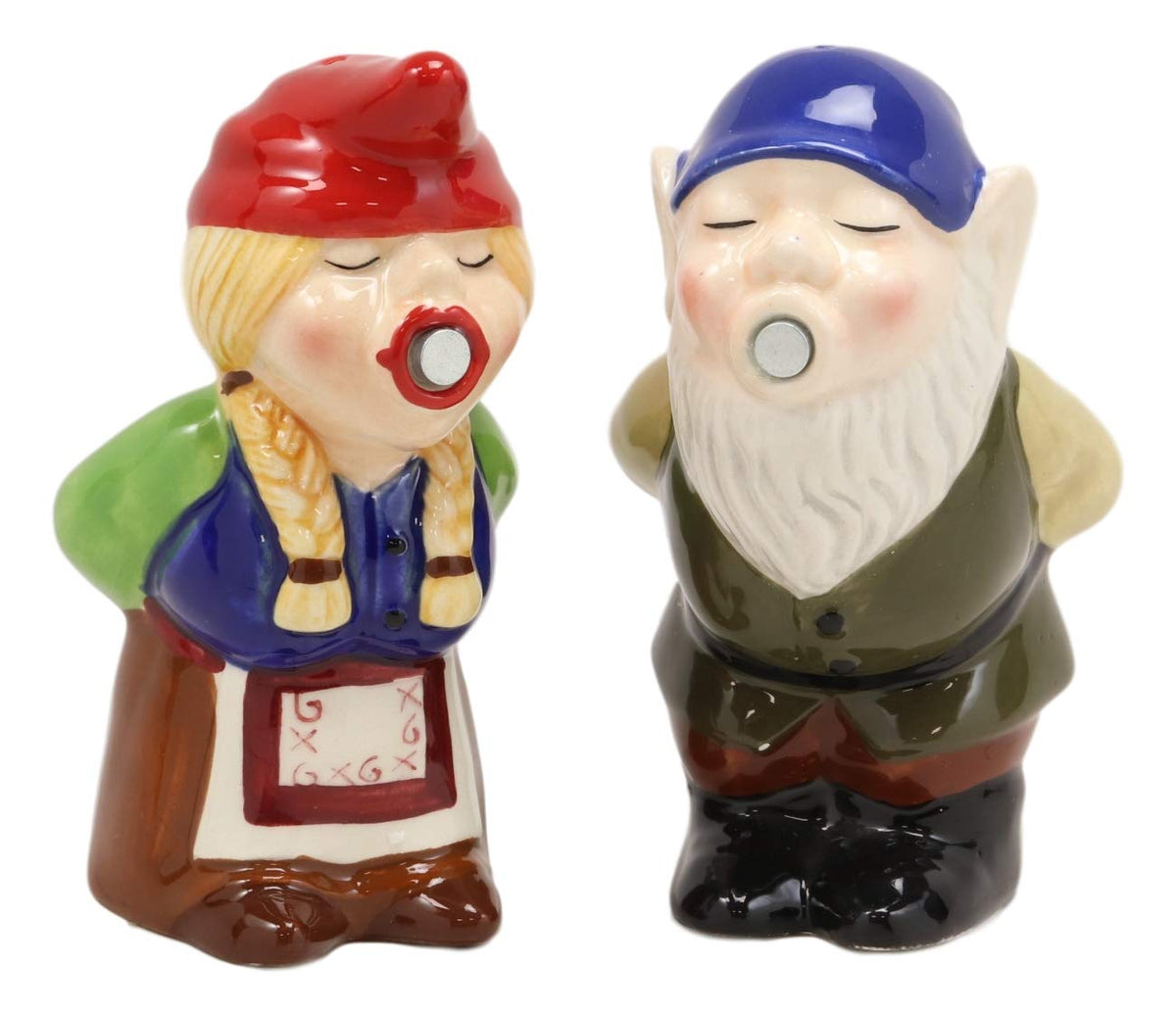 Kissing Mr & Mrs Gnome Couple Magnetic Salt Pepper Shakers Ceramic Figurine Set - Ebros Gift