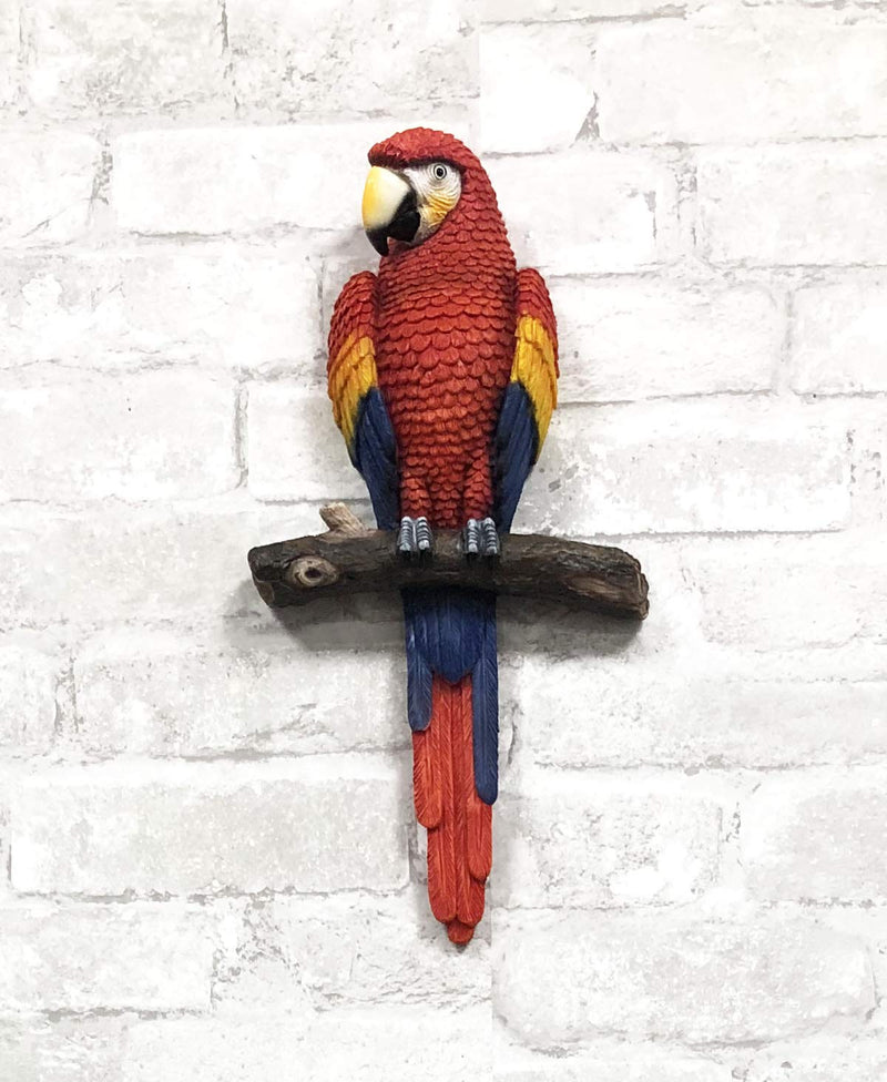 Ebros Colorful Tropical Rainforest Paradise Rio Red Scarlet Macaw Parrot Perching On Branch Wall Hanging Decor Figurine 3D Plaque Sculpture Nature Lovers Birds Collectors Decor 14" Tall