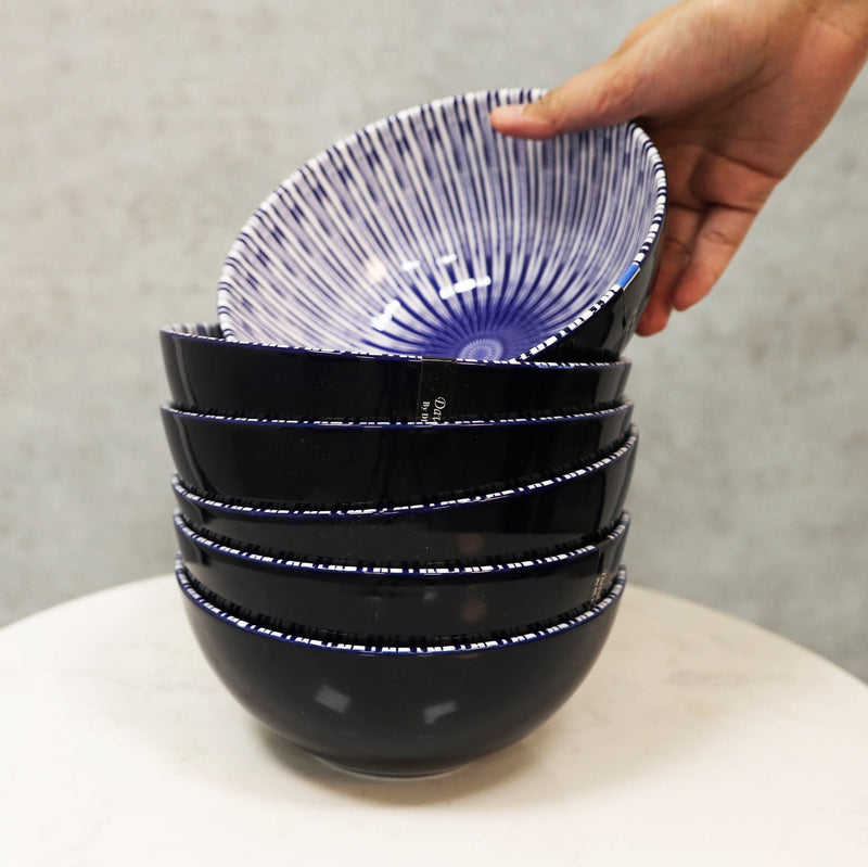 Pack Of 6 Artistic Blue Stripes 'Focus' Cereal Soup Pasta Ceramic Bowls 20oz