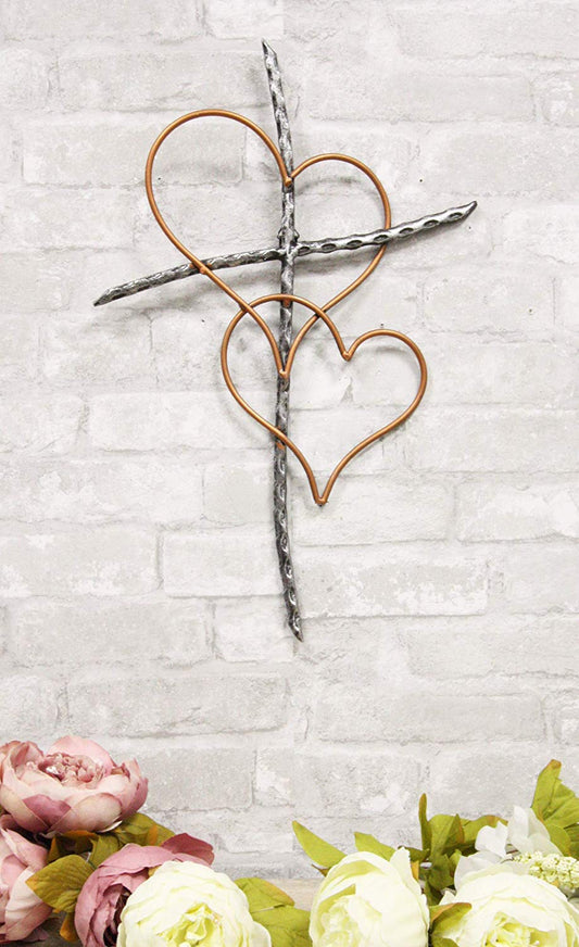 Ebros Metal Silver Rope Wire Sticks and 2 Golden Hearts of Love Wall Hanging Cross Decor Plaque Vintage Art Sculpture 19.75" Tall Catholic Christian Accent Decorative Crosses - Ebros Gift