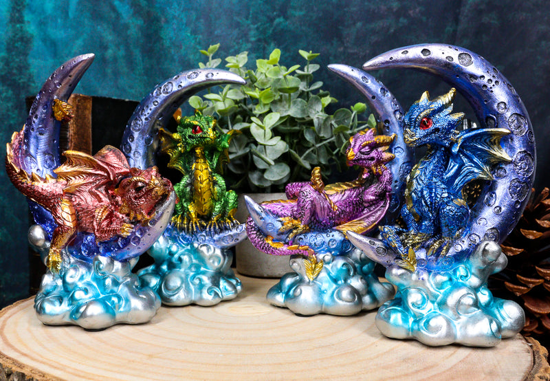 Ebros Crescent Moon On Clouds Resting Guardian Dragon Figurines 6.25"H Set of 4