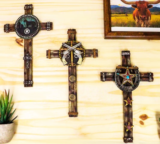 Set Of 3 Rustic Western Star Horseshoe Cowboy Horse And Pistols Wall Crosses - Ebros Gift