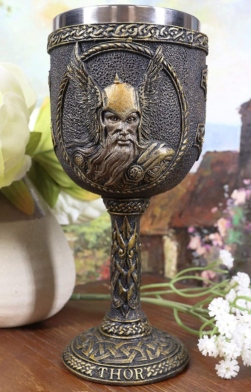 Ebros Gift Norse Mythology Thor God Of Thunder Asgard Prince 7oz Resin Wine Goblet Chalice With Stainless Steel Liner Ancient Celtic Nordic Viking Decor Kitchen And Dining Accessory