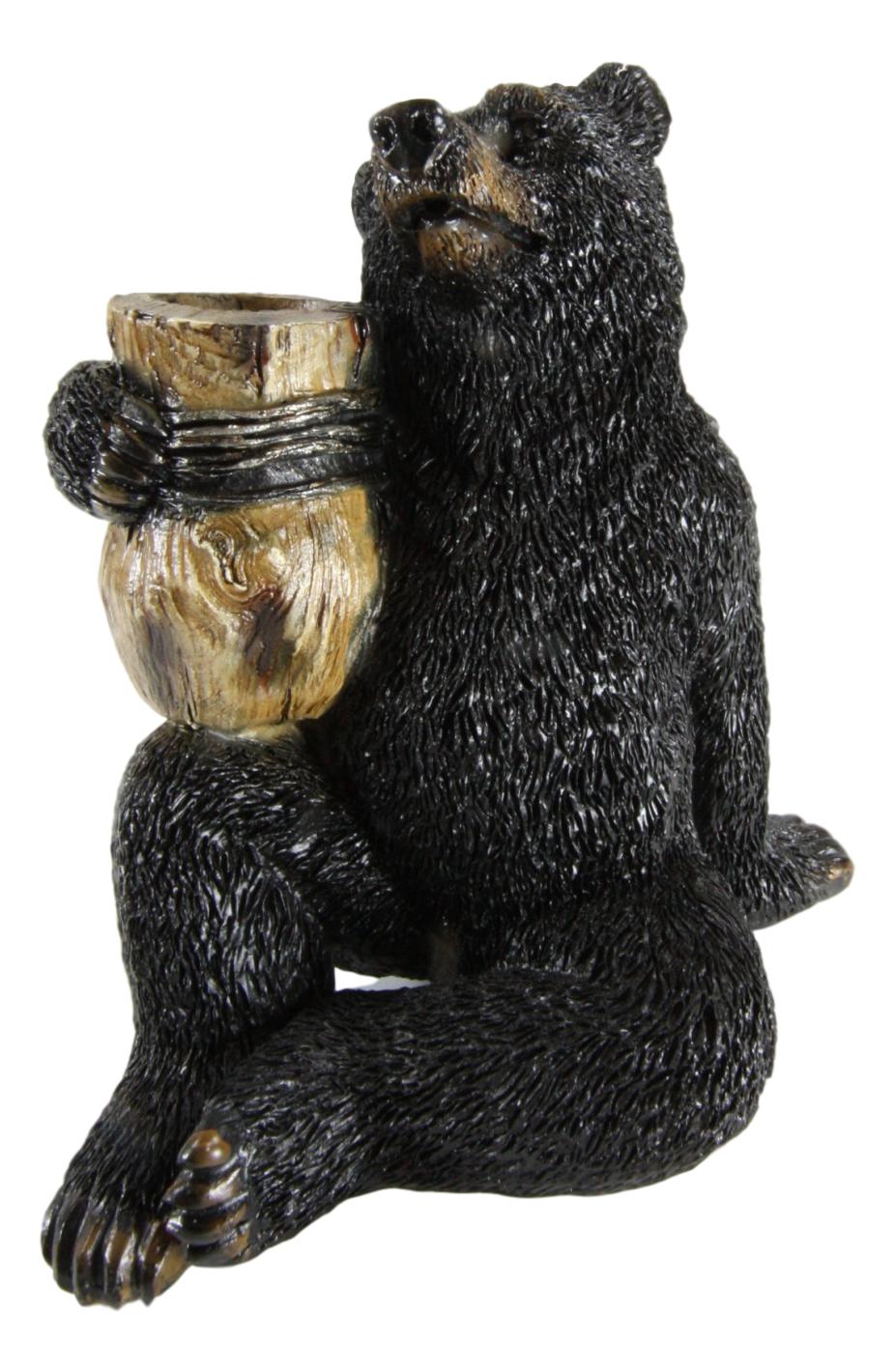 Ebros Woodlands Forest Black Bear Sitting With Wooden Barrel Toothpick Holder Figurine