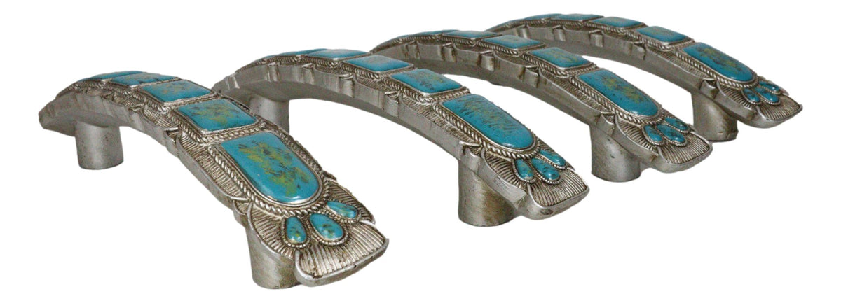 Set Of 4 Rustic Western Silver Turquoise Boho Drawer Cabinet Door Bar Pulls - Ebros Gift