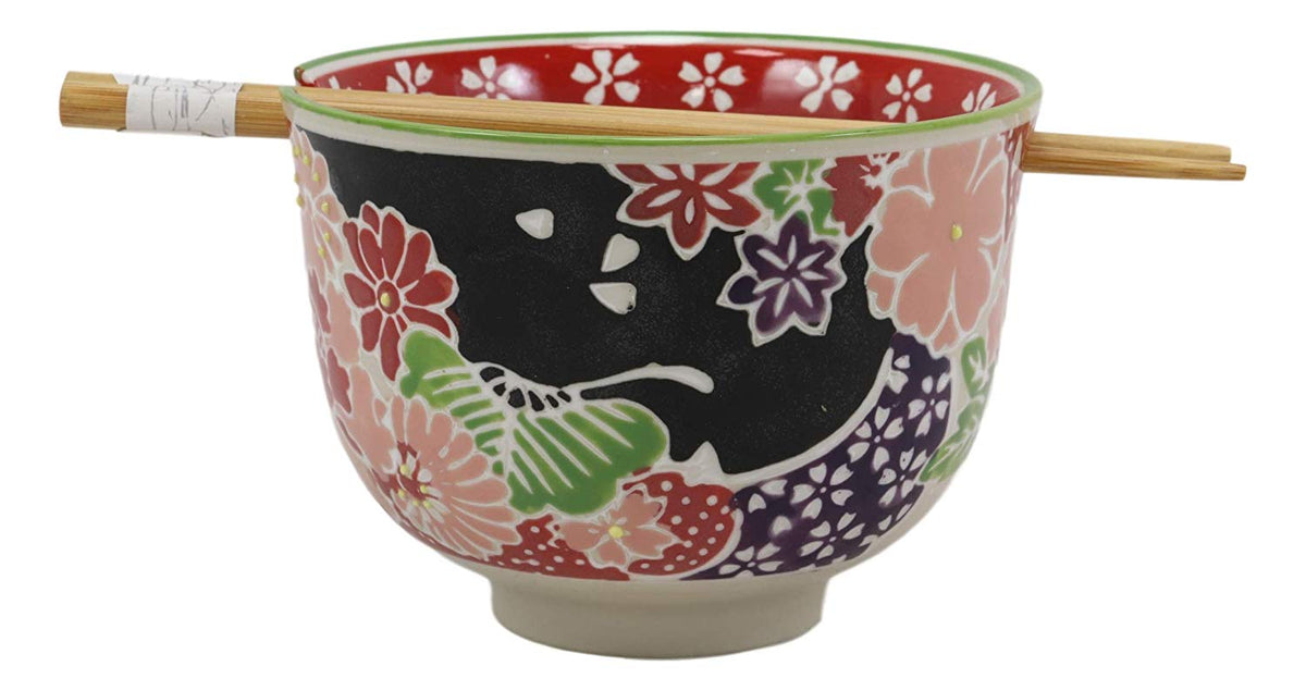 Ebros Gift Pink Fuchsia Floral Blossoms Ramen Udong Noodles 5" Diameter Bowl With Built In Chopsticks Rest and Bamboo Chopstick Set for Dining Soup Rice Meal Cereal Bowls Decor