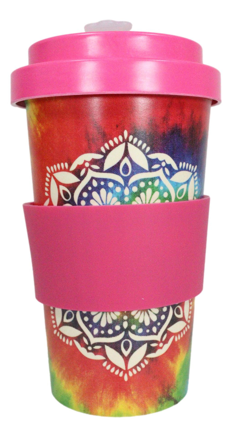 Sacred Rainbow Tie Dye Mandala Flower Reusable Travel Mug Cup W/ Lid And Sleeve