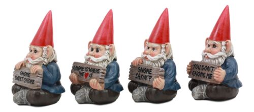 Ebros Welcome Whimsical Gnome W/ Greeting Signs Statues 4"H Set 4 Garden Gnome