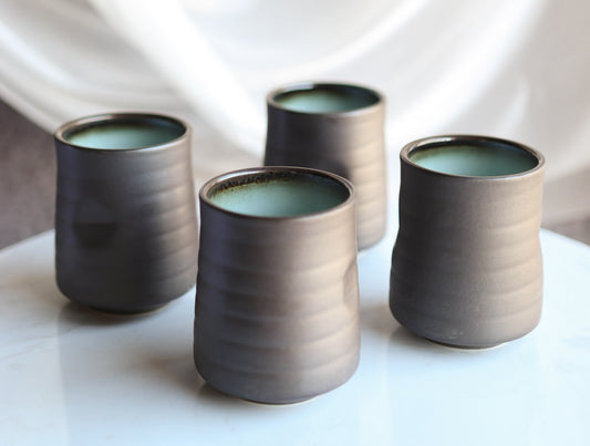 Pack Of 6 Ceramic Zen Blue Style Yunomi Notched Teacup Tea Cups Without Handles - Ebros Gift
