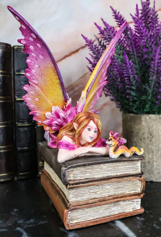 Ebros Amy Brown Autumn Pink Book Club Fan Fairy with Wyrmling Dragon On A Stack of Books Statue 7" High Fantasy Mythical Reading Faery FAE Magic Watercolor Collectible Decor Figurine - Ebros Gift