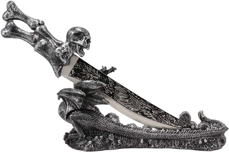 Ebros Gift Obsidian Athame Dragon Blade Letter Opener with Skull Base Stand Set