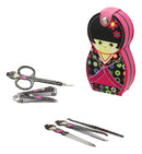 Ebros Gift Traditional Japanese Kokeshi Girl Doll Travel Portable Case Manicure Pedicure Set 6 Piece Stainless Steel Grooming Tools Nail Clippers Scissors Filers Ear Pick Tweezer (Black Kimono)