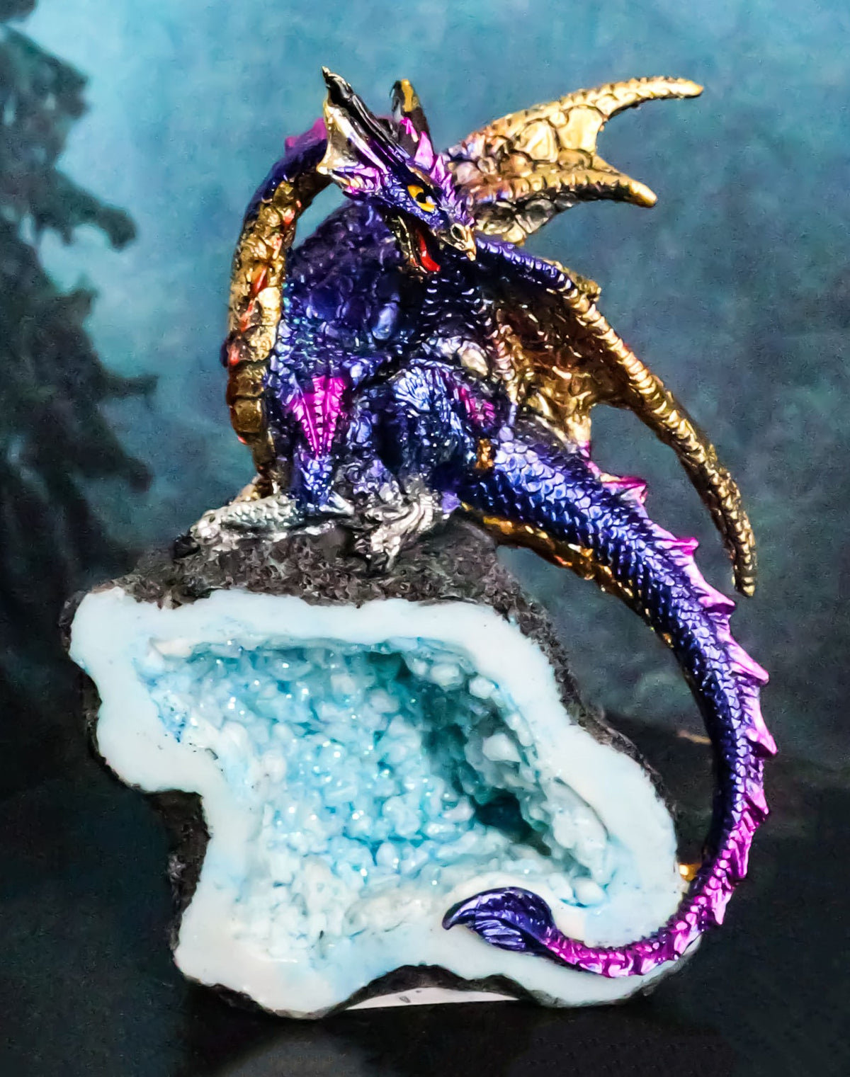 Azure Blue Iridescent Dragon On Faux Geode Rock Quartz Crystal Cove Figurine 5"H - Ebros Gift