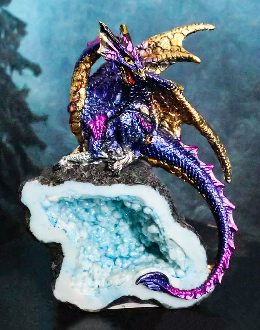 Azure Blue Iridescent Dragon On Faux Geode Rock Quartz Crystal Cove Figurine 5"H - Ebros Gift