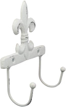 Ebros Gift 5.75" Tall Cast Iron Rustic Vintage Distressed White Fleur De Lis Emblem with 2 Peg Hooks Decorative Wall Hook Southwestern Hangers Accent for Keys Leashes Coats Hats (4)