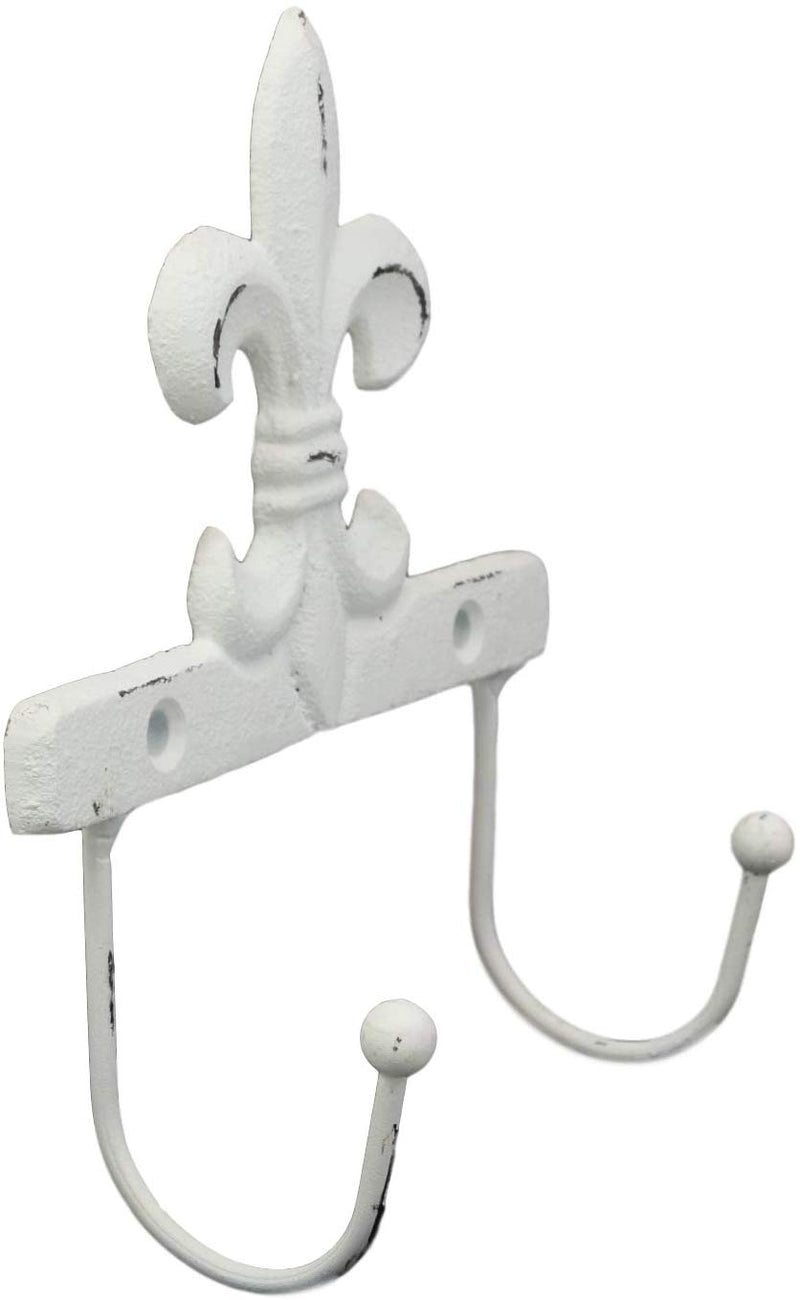 Ebros Gift 5.75" Tall Cast Iron Rustic Vintage Distressed White Fleur De Lis Emblem with 2 Peg Hooks Decorative Wall Hook Southwestern Hangers Accent for Keys Leashes Coats Hats (4)