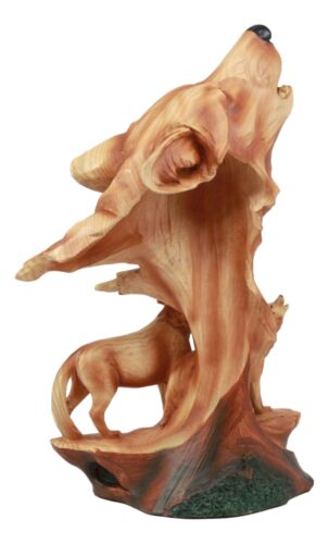 Faux Wood Three Howling Wolves Rocky Wildlife Scene Statue Timber Wolves Decor
