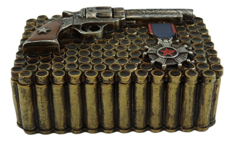Western Six Shooter Pistol Ammo Shells Gold Tone Bullets Decorative Box 5"L