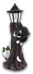 Black Kitten Cats by Garden Tree Outpost Statue With Solar LED Lantern Light