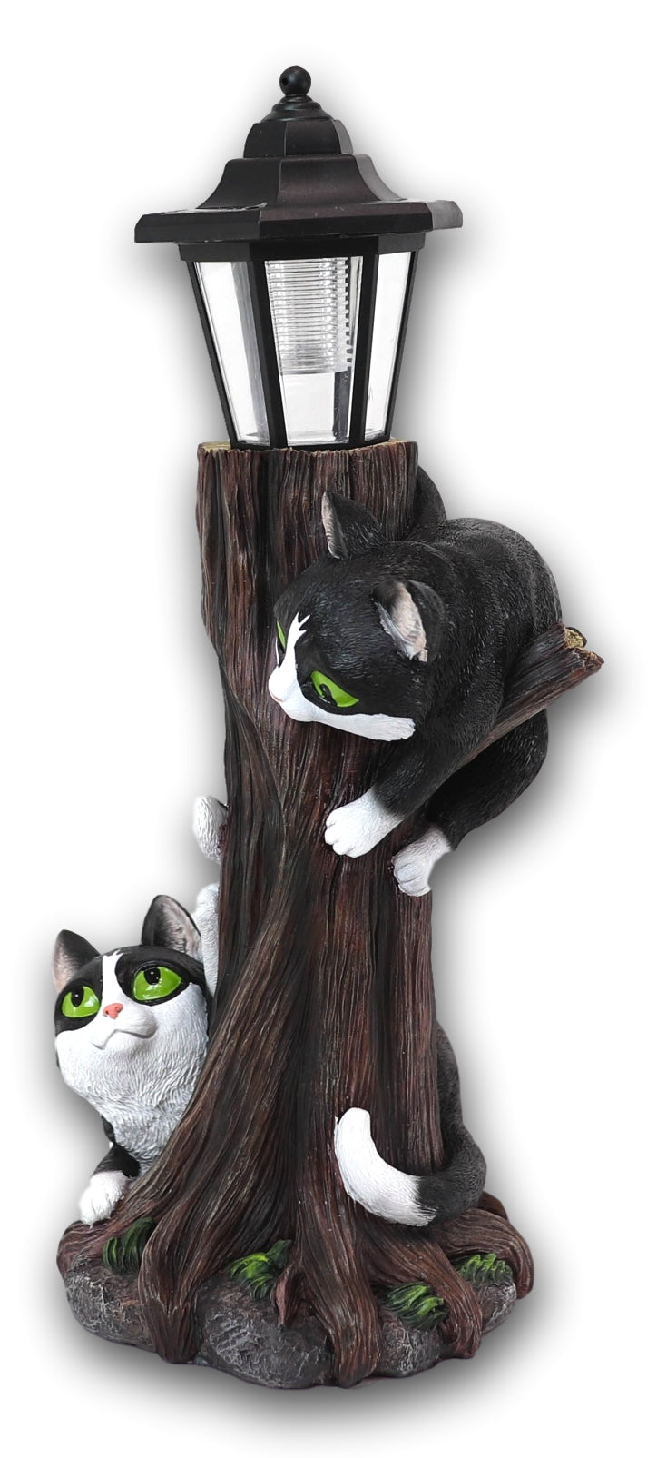 Black Kitten Cats by Garden Tree Outpost Statue With Solar LED Lantern Light