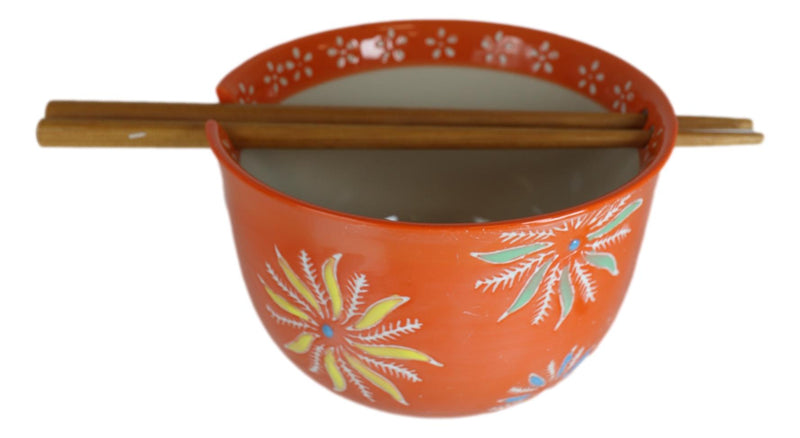 Japanese Design Ceramic Ramen Noodles Bowl Chopsticks Set Orange Flower Blossoms