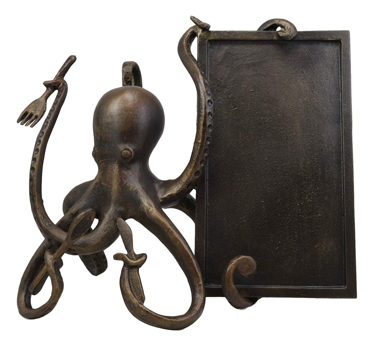 Ebros Aluminum Nautical Ocean Giant Sea Octopus Chef Holding Cutlery and Menu Board Statue 11.25" Tall Coastal Beach Kraken Home Kitchen and Dining Countertop Table Decor Sculpture