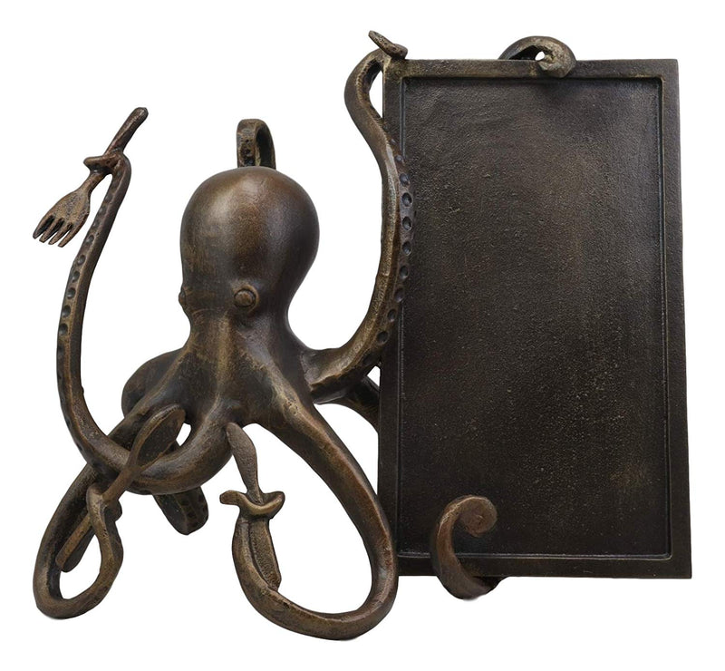 Ebros Aluminum Nautical Ocean Giant Sea Octopus Chef Holding Cutlery and Menu Board Statue 11.25" Tall Coastal Beach Kraken Home Kitchen and Dining Countertop Table Decor Sculpture