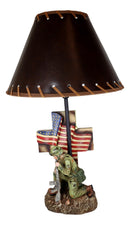 Patriotic Soldier With Rifle Kneeling By American Flag Cross Memorial Table Lamp