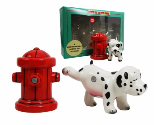 Ebros Peeing Dalmatian & Fire Hydrant Ceramic Salt Pepper Shaker Magnetic Set Figurine