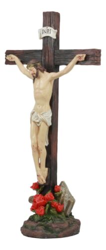 Ebros Jesus Christ On The Cross With Rose of Sharon Base Decorative Crucifix Statue