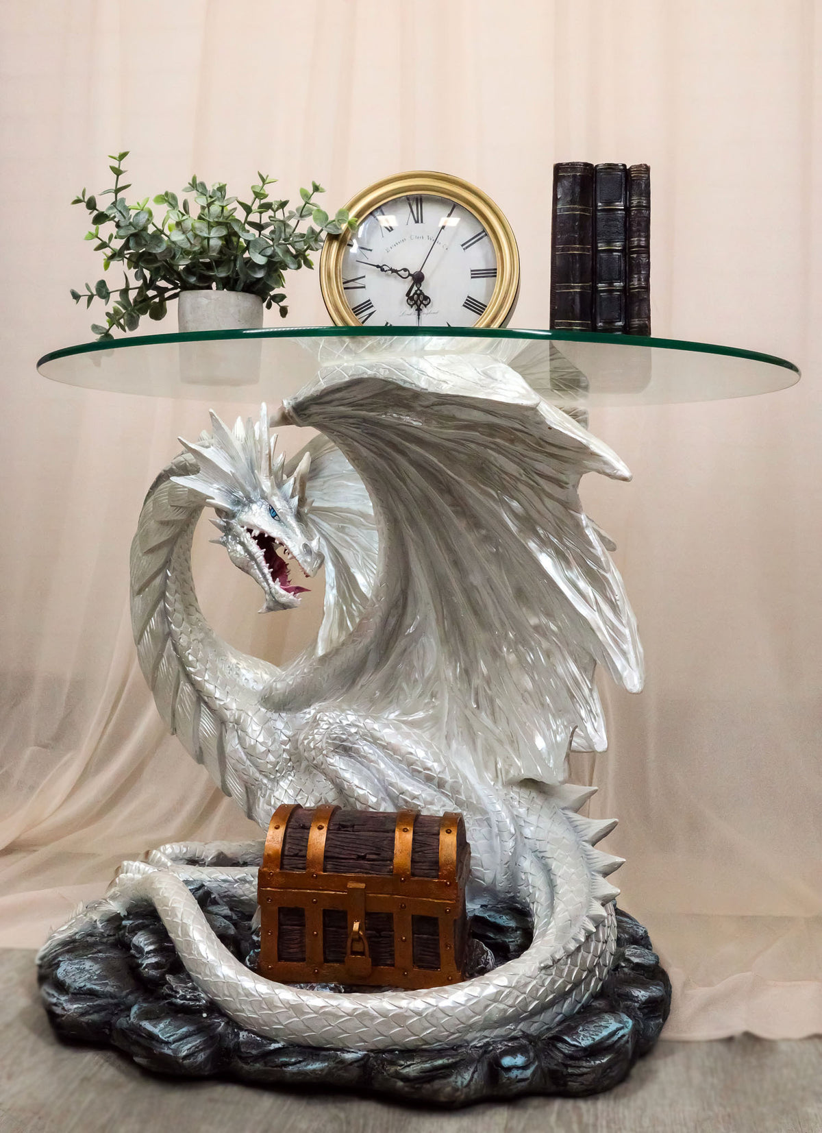Pendragon Ryu Ice Frost Dragon Guarding Treasure Coffee Side Table With Glass