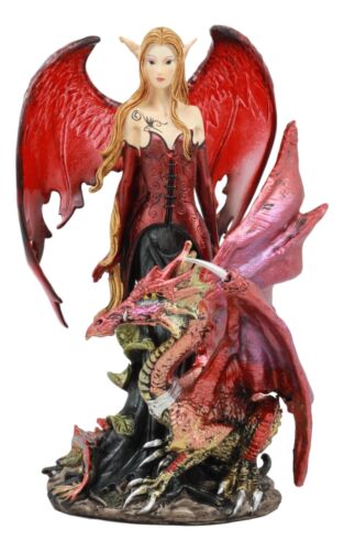 Ebros Red Fairy Dragon Figurine 8"H Pixie Fire Fairy W/ Chained Dragon Figurine
