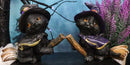 Halloween Black Cats With Witch Hat and Cape On Magical Broomstick Figurines Set