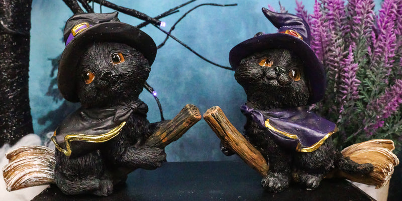 Halloween Black Cats With Witch Hat and Cape On Magical Broomstick Figurines Set