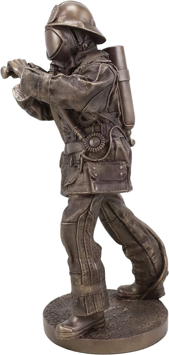 Heroic Fireman Fire Fighter In Full Turnout Gear Attire Carrying Hose Statue