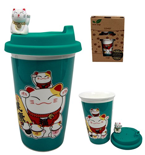 Ebros Gift Lucky Cat Maneki Neko Ceramic Tall Drink Mug Cup With Silicone Lid (Green)