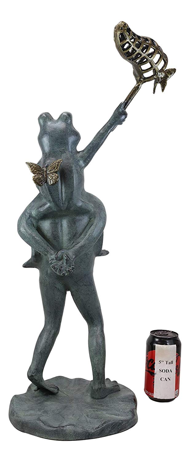 Ebros Gift 25.25" Tall Aluminum Metal Whimsical Father and Son Frog Family with Net Chasing Butterfly Garden Statue Frogs Patio Pool Pond Lawn Yard Decorative Sculpture Feng Shui Zen Accent - Ebros Gift