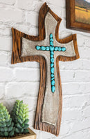 Vintage Rustic Layered Winding Road Faux Wooden Turquoise Rocks Wall Cross