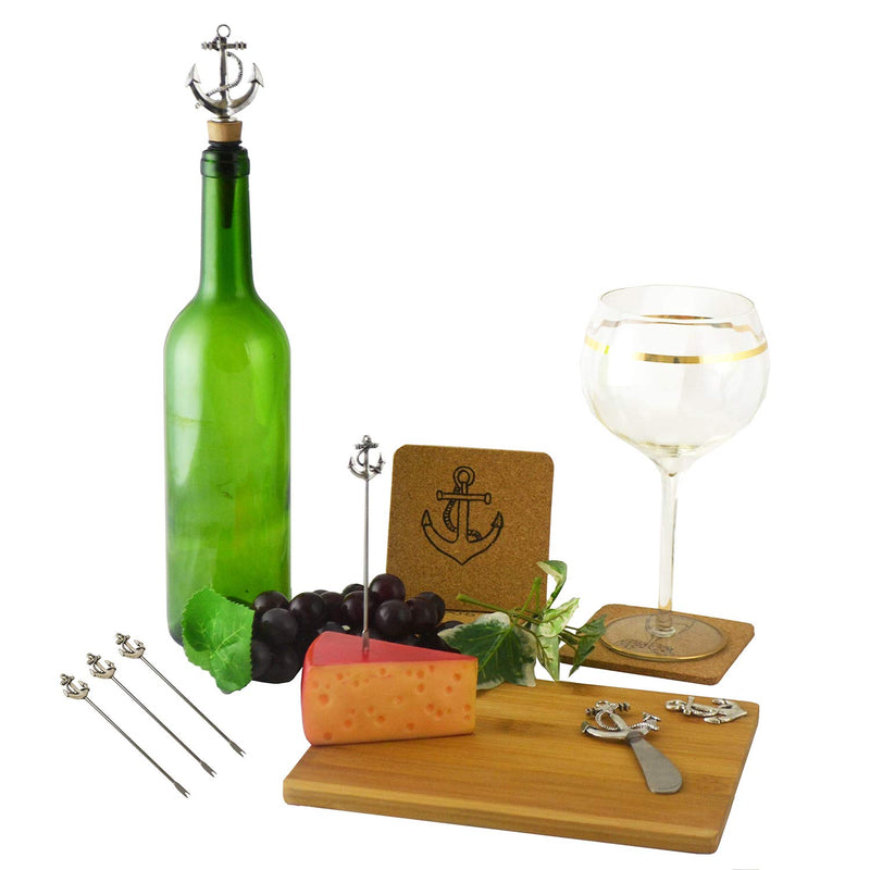 Nautical Anchors Bamboo Cheese Board Knife Wine Stopper Picks Coasters Gift Set