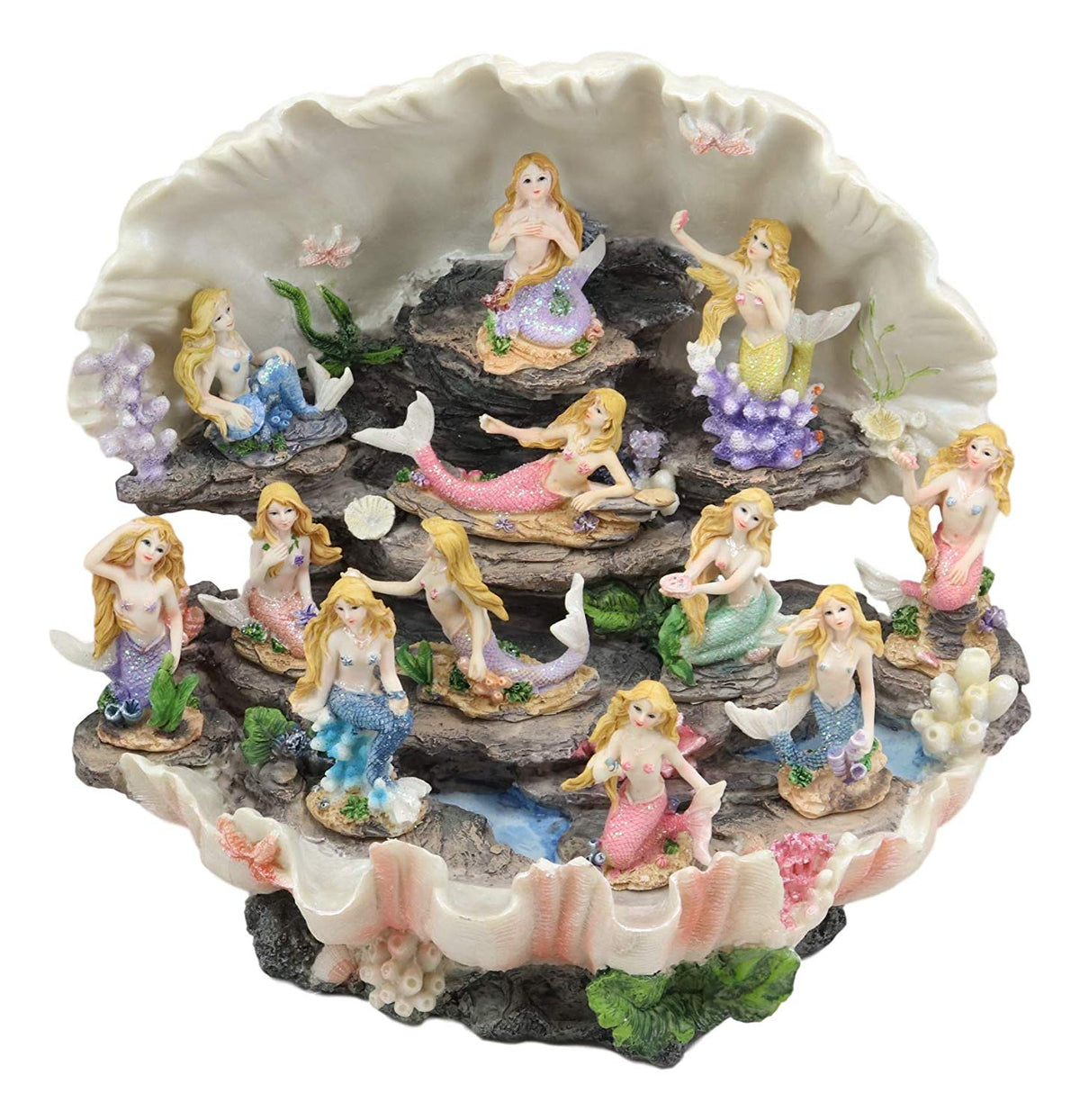 Ebros 12.25" Wide Colorful Nautical Ocean Giant Clam Shell of The Coral Reefs Display Stand with 12 Miniature Mermaids Figurine Set Fantasy Mermaid Mergirls - Ebros Gift