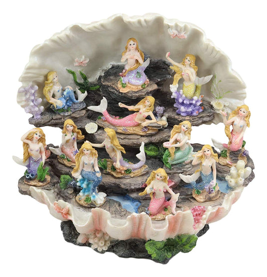 Ebros 12.25" Wide Colorful Nautical Ocean Giant Clam Shell of The Coral Reefs Display Stand with 12 Miniature Mermaids Figurine Set Fantasy Mermaid Mergirls - Ebros Gift