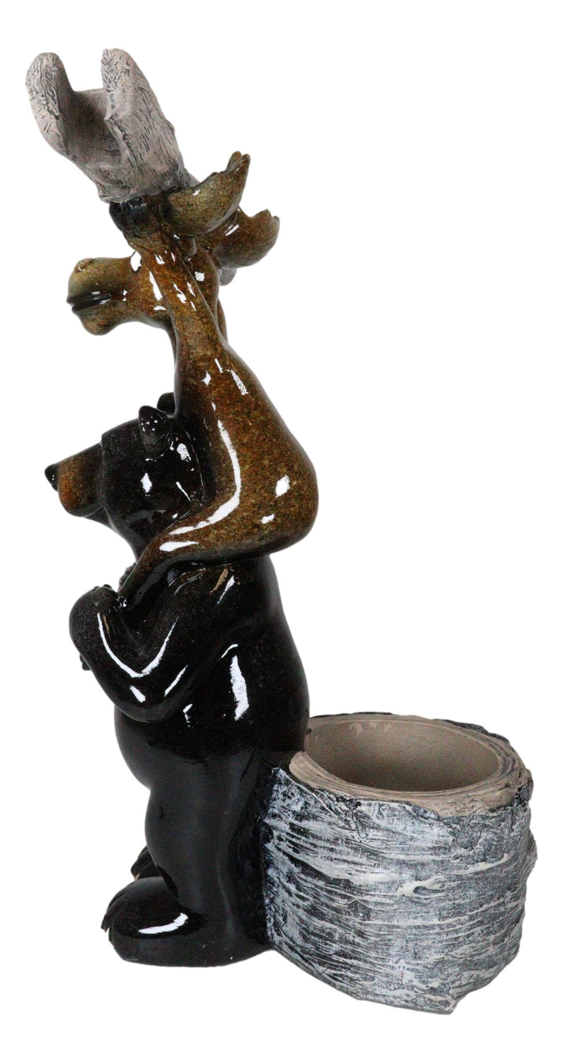 Rustic Western Black Bear And Moose With Log Wine Glasses And Bottle Holder