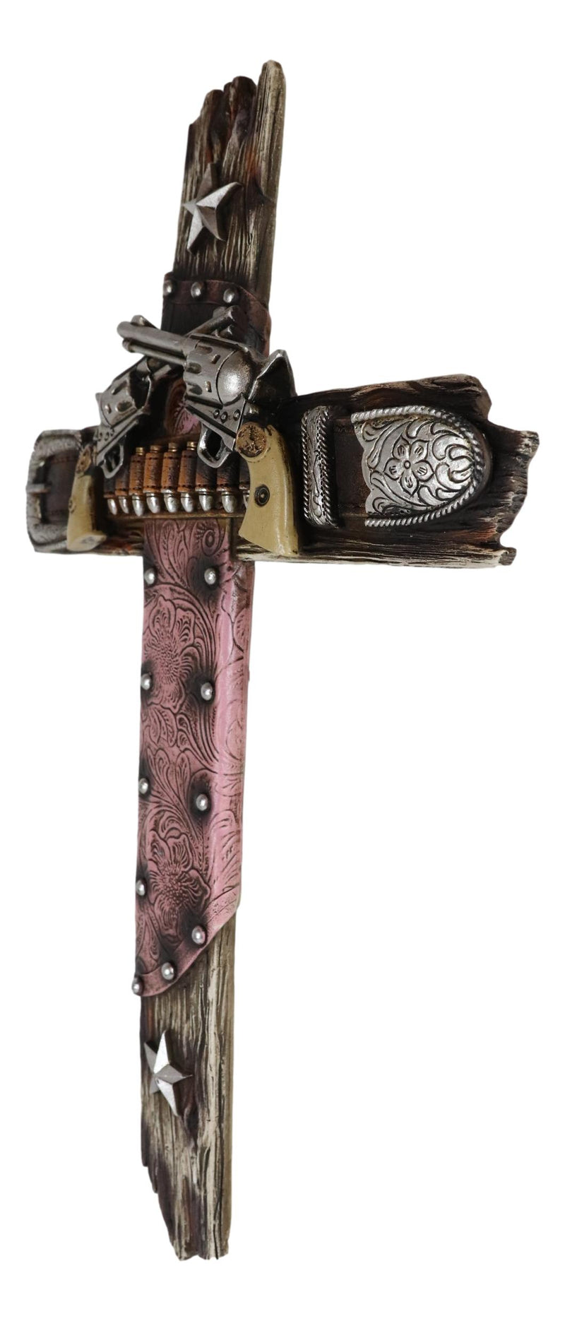 Western Cowgirl Revolver Guns Ammo Belt Buckle And Pink Holster Wall Cross 16"H