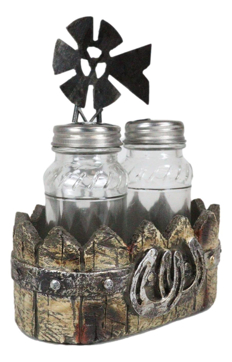 Rustic Country Farm Windmill Outpost With Horseshoes Salt And Pepper Shakers Set