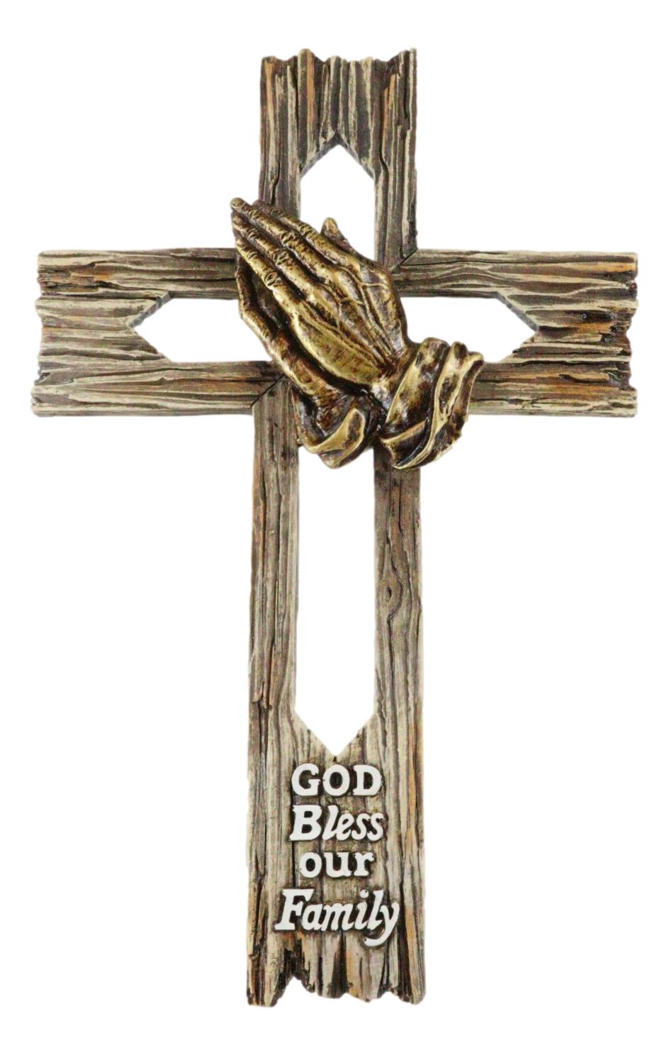 Rustic Western Faux Wooden God Bless Our Family Praying Hands Rugged Wall Cross