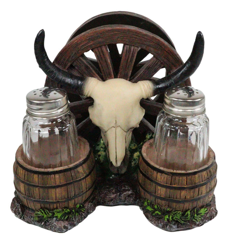 Ebros Western Bull Skull By Wheel Wagon And Barrels Salt Pepper Shakers Napkin Holder