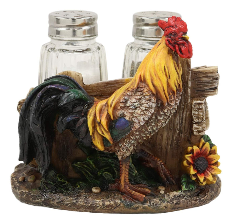 Ebros Proud Fowl Rooster Standing By Rustic Wooden Fence And Sunflower Glass Salt And Pepper Shakers Holder Display Stand Resin Figurine 4.75" Wide